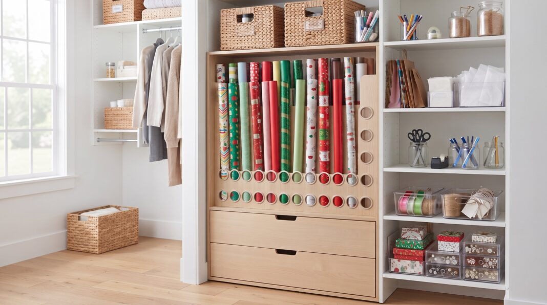 A neatly organized closet with specialized wooden shelving for storing vertical wrapping paper rolls.