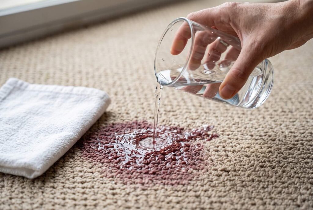 Pouring cold water to dilute a red wine stain on a carpet.