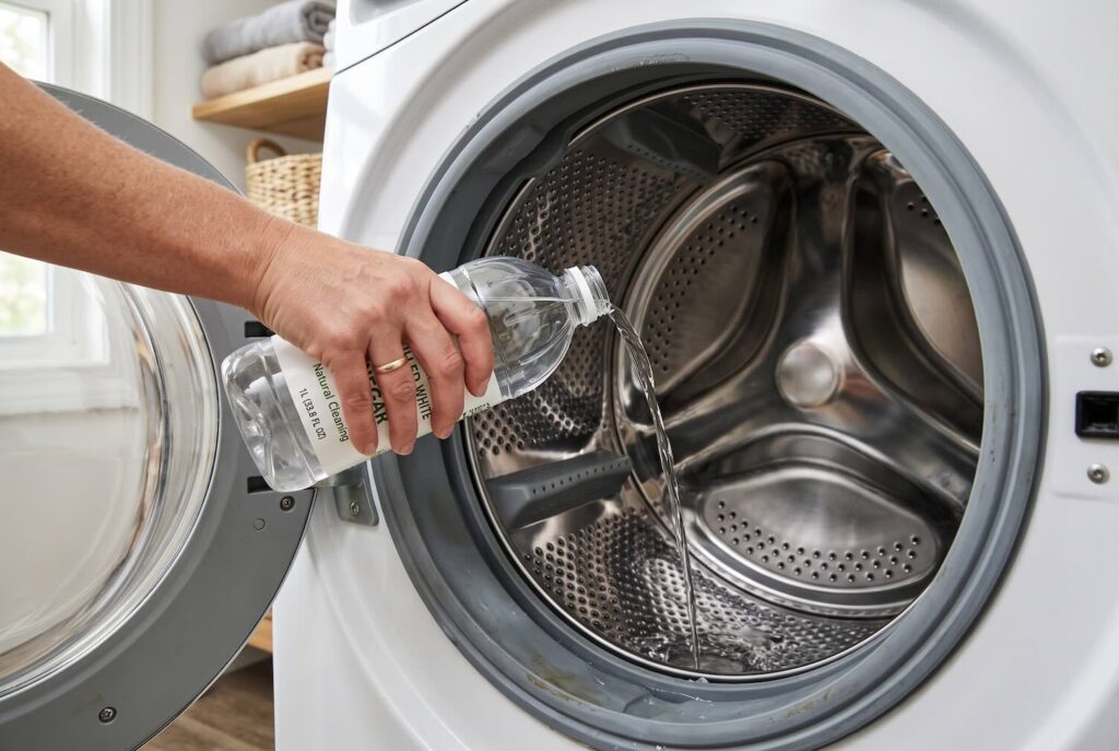 Pouring white vinegar directly into the washing machine drum.