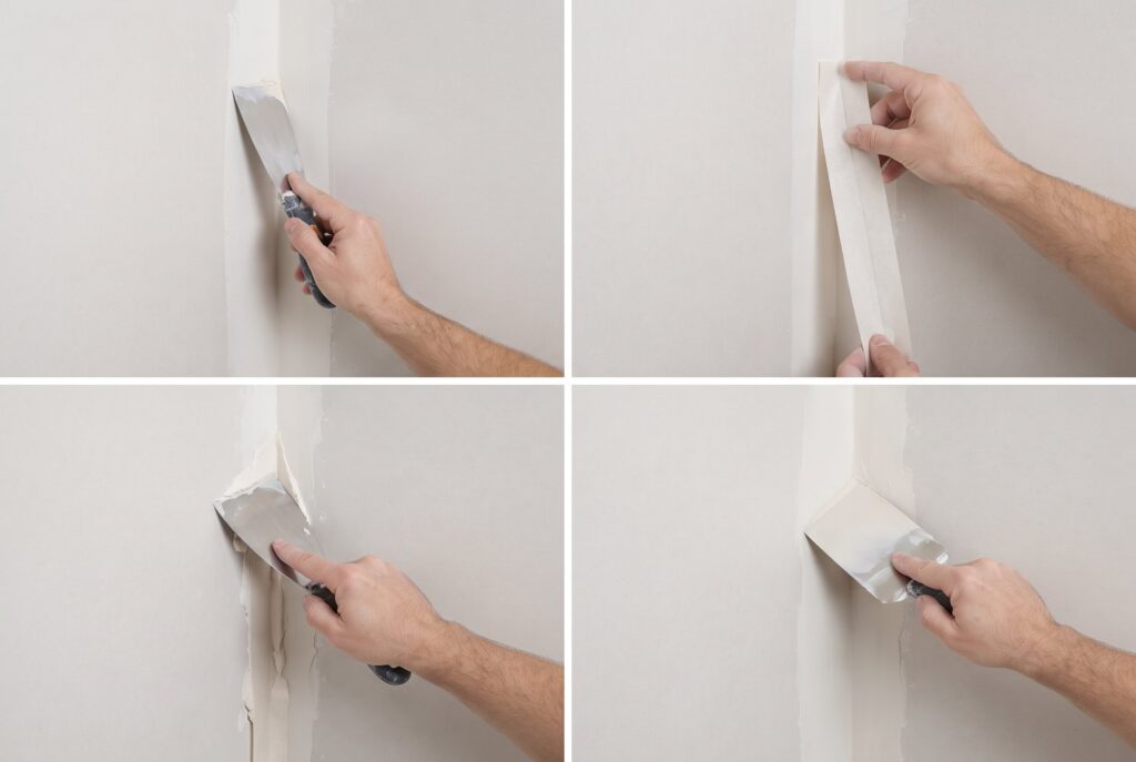 Four-step process for taping an inside corner with paper tape and a putty knife.