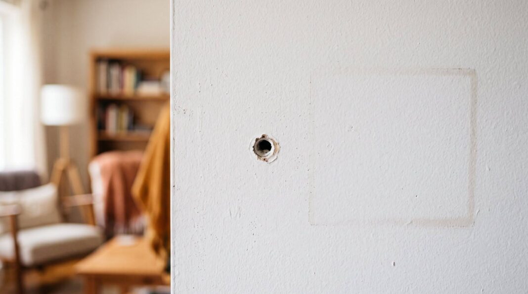 A small, circular drywall anchor hole on a white wall in a residential setting.