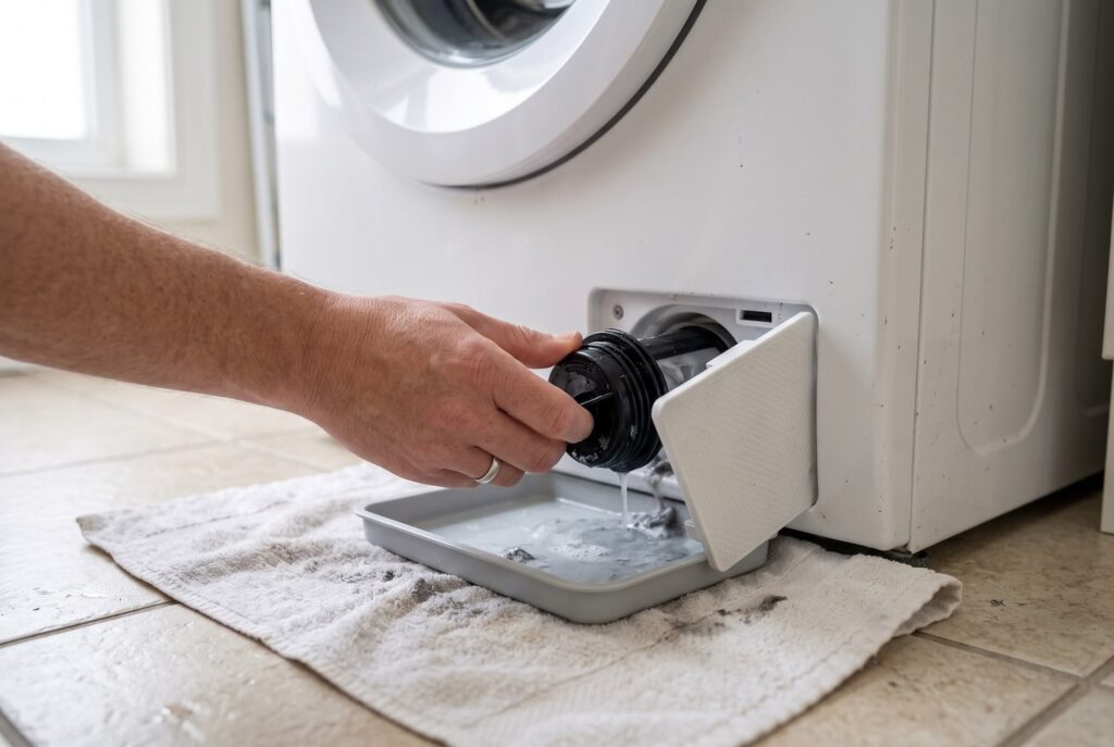 Removing and draining the washing machine pump filter.