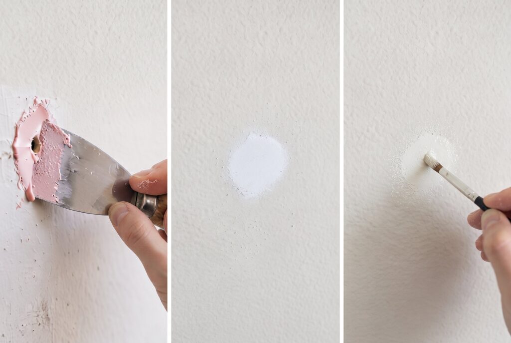 Three-step process: applying spackle to a small hole, waiting for it to dry, and dabbing with paint. 