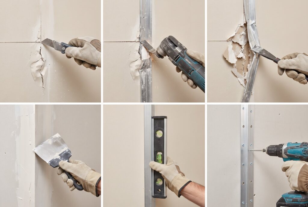 Collage showing steps to replace a wall corner bead, including cutting, removing, and screwing in a new strip.