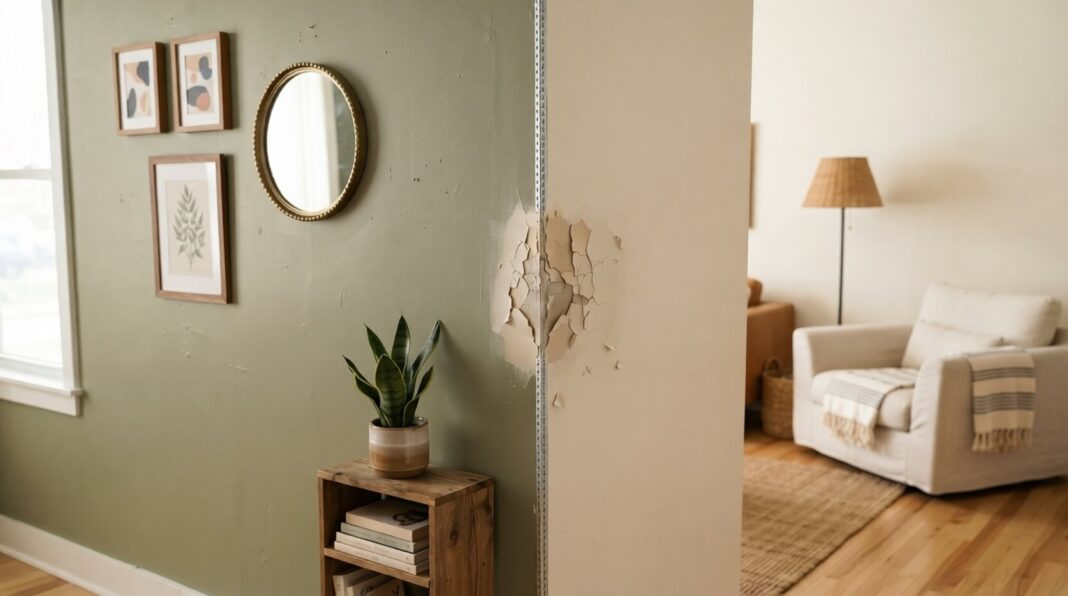 A severely damaged wall corner in a living room shows peeling paint and exposed metal corner bead due to impact.