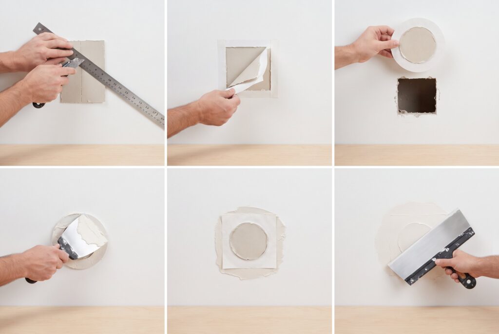 Six-step demonstration of the California patch technique to repair a large hole in drywall.