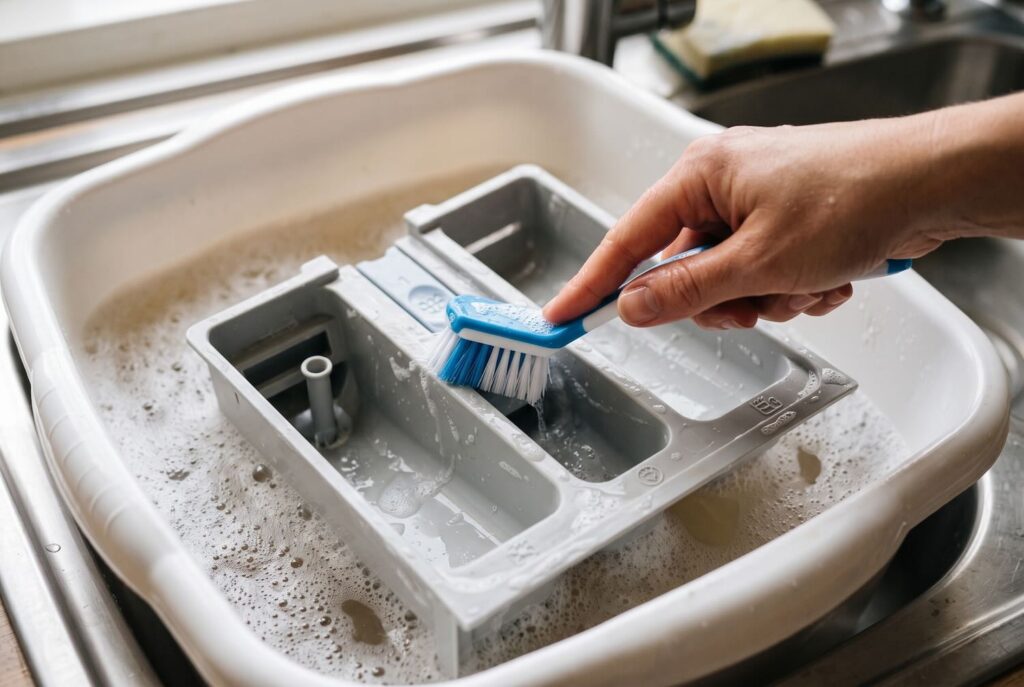 Scrubbing the removable detergent dispenser drawer with a brush in a sink.