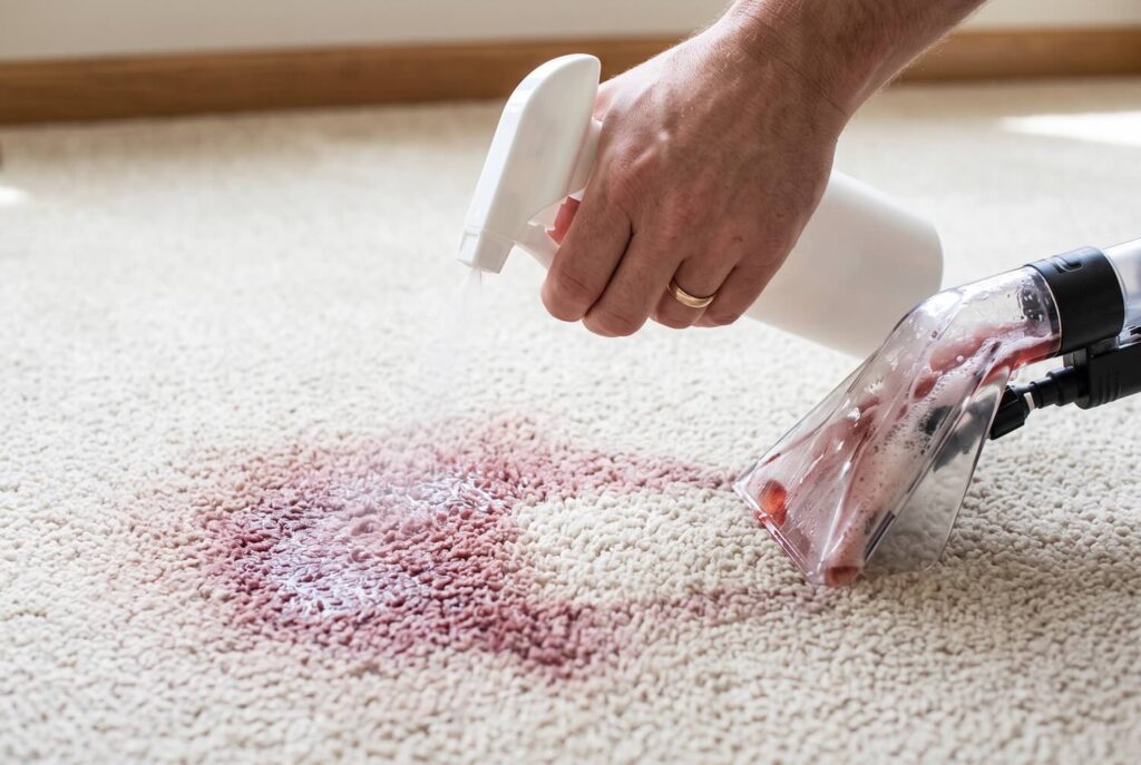 Spraying a carpet stain remover and using a portable extractor on a red wine spill.