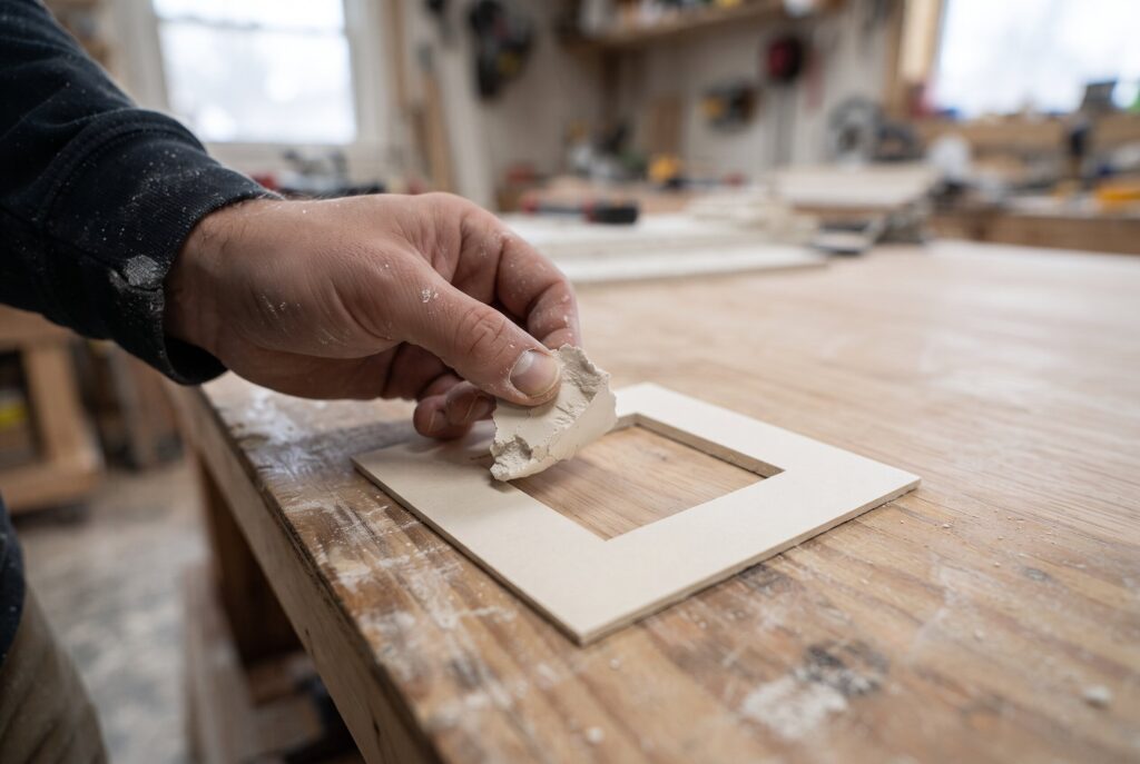A hand peeling back the gypsum core from a drywall patch, leaving a paper collar intact.