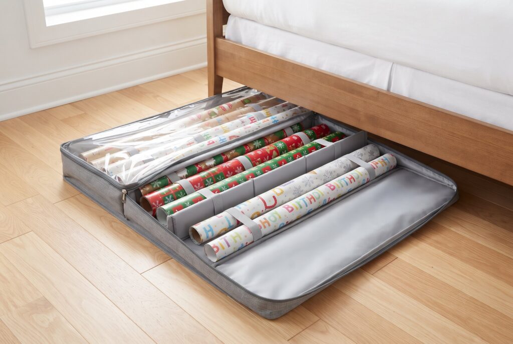 A slim, gray canvas storage tote for wrapping paper, designed to fit underneath a bed frame.