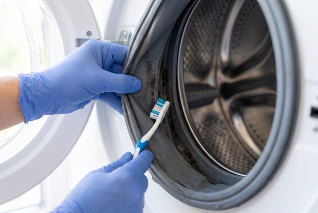 Using a toothbrush to clean the rubber gasket of a front-load washer.