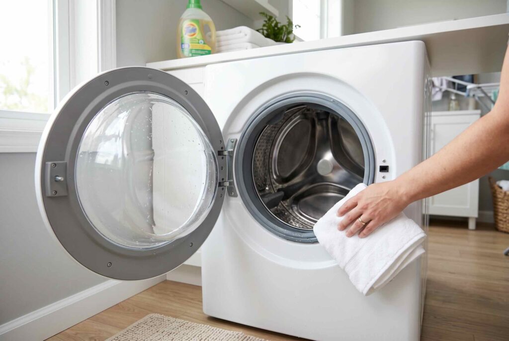Wiping the washing machine rubber seal dry with a clean towel.