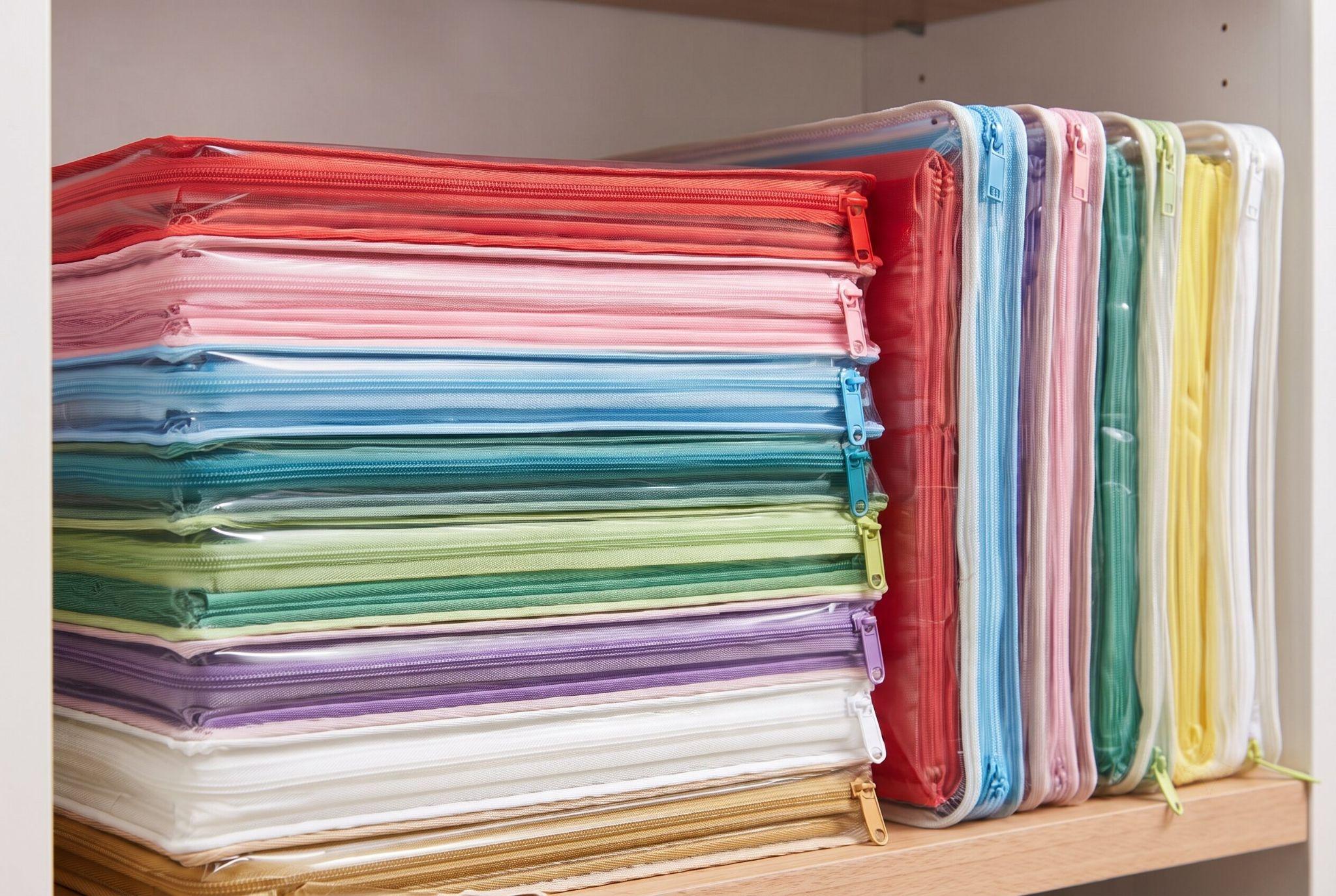 Colorful tissue paper stacked neatly inside flat, clear zippered document pouches.