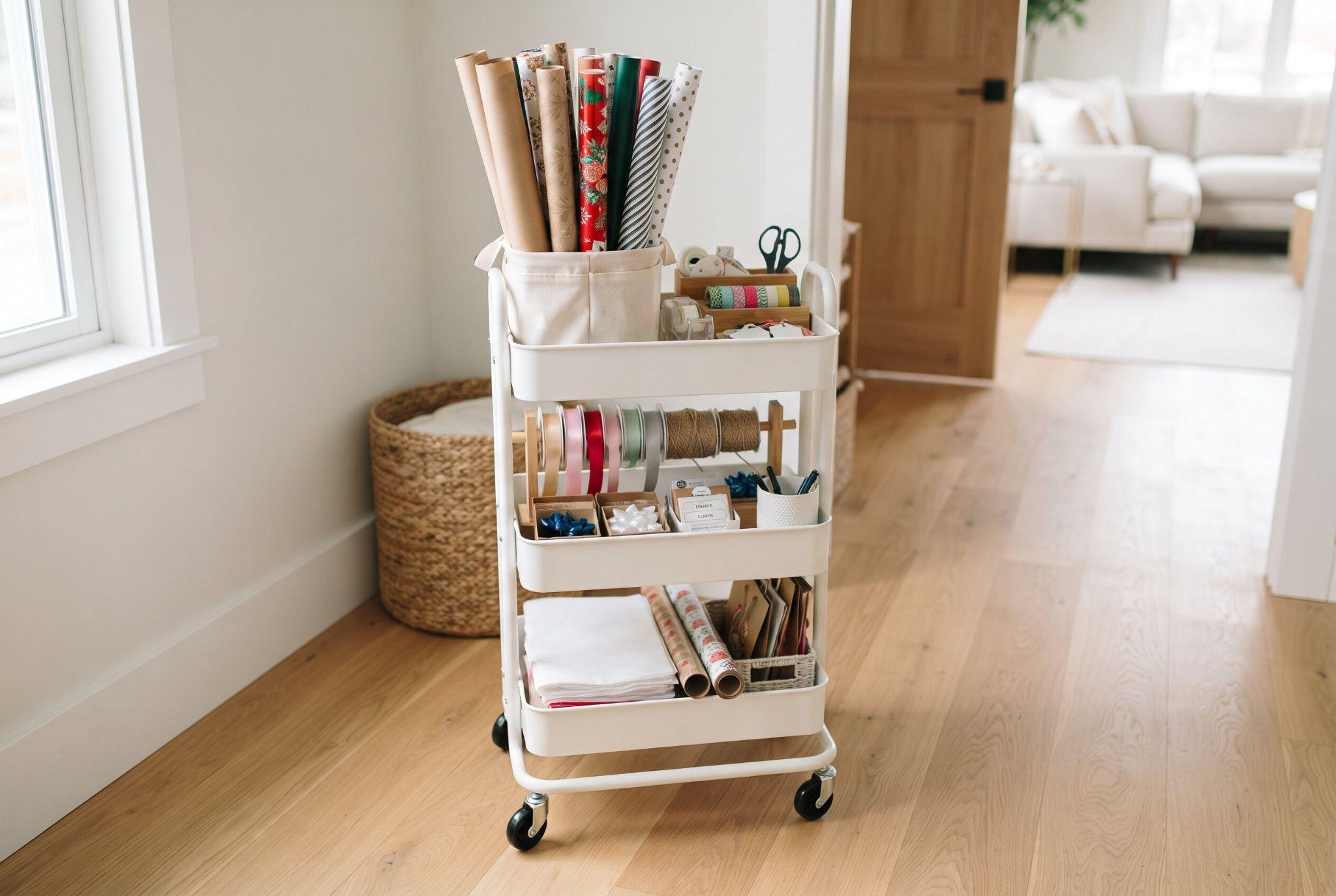 A three-tier rolling cart organizing wrapping paper, ribbon, tape, and scissors in a living space.