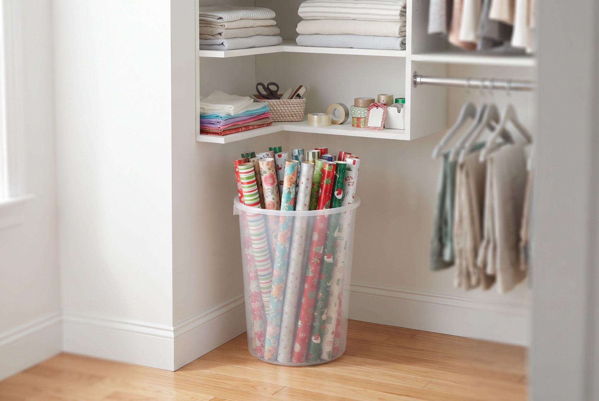 A clear, tall trash can in a closet corner used to store wrapping paper rolls upright.