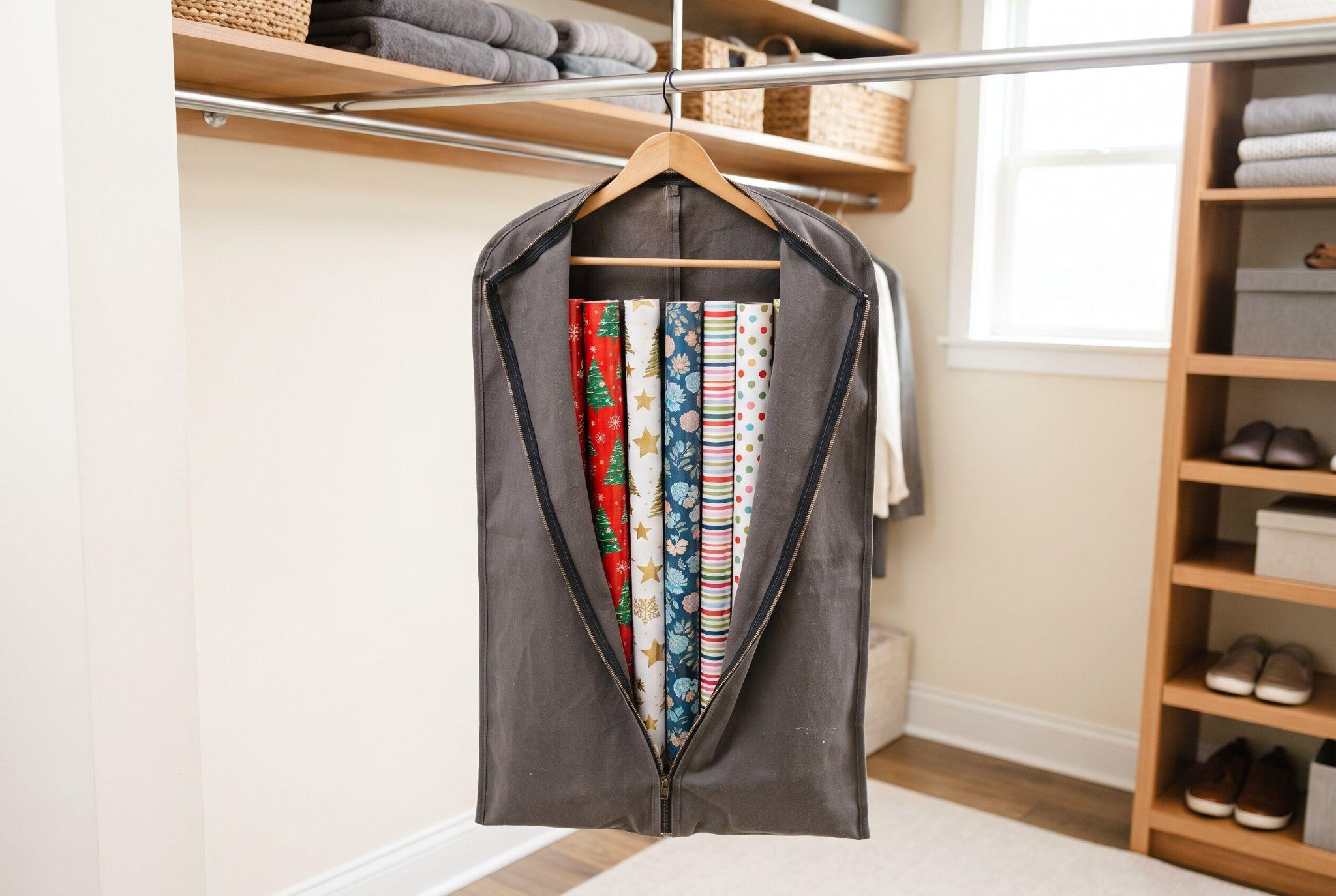 An old garment bag hung on a closet rod, storing several rolls of wrapping paper inside.