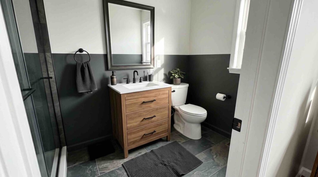 A bathroom featuring a vanity against a dark charcoal accent wall beneath a white upper wall.