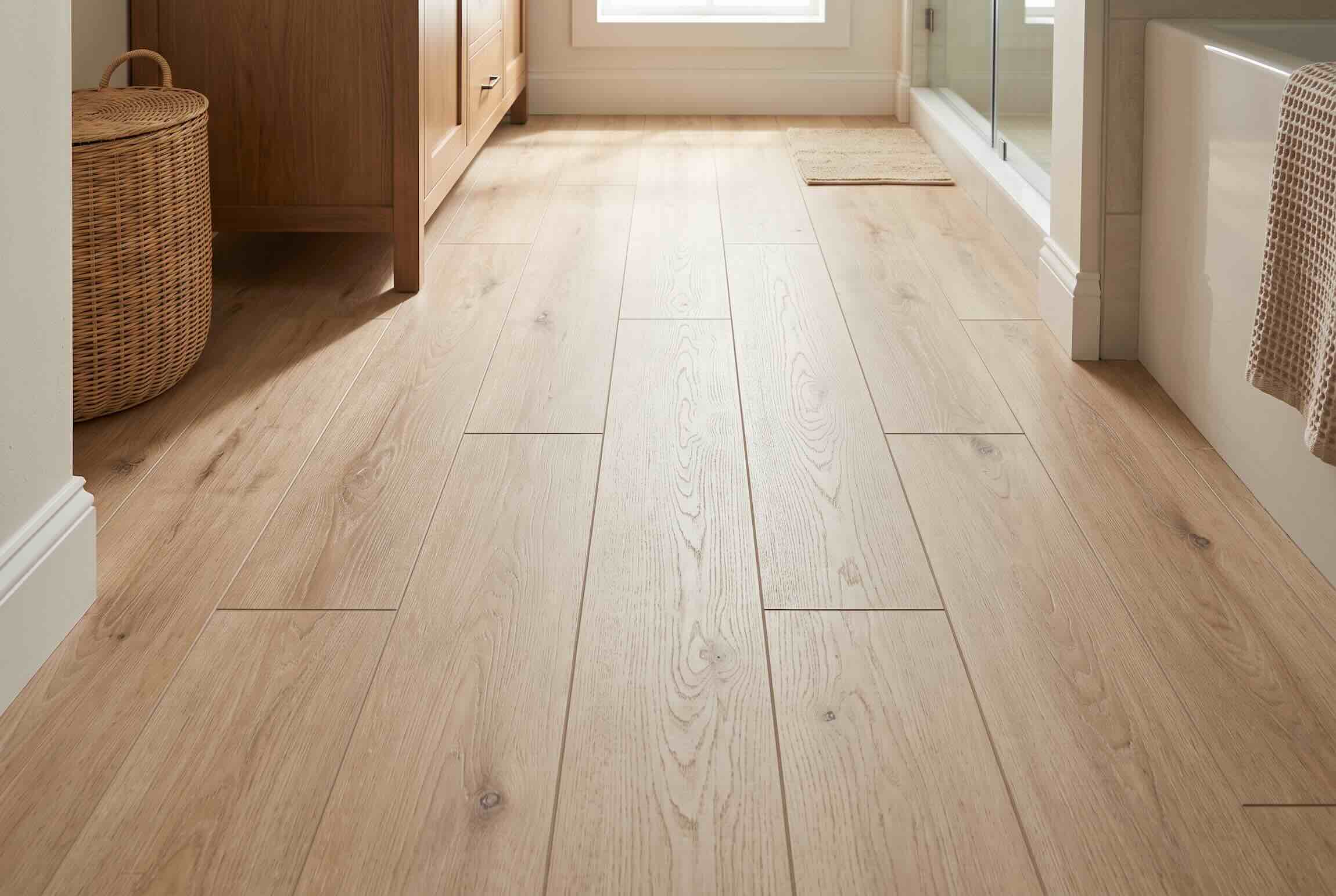 A bathroom floor covered in light, wood-look plank tiles.