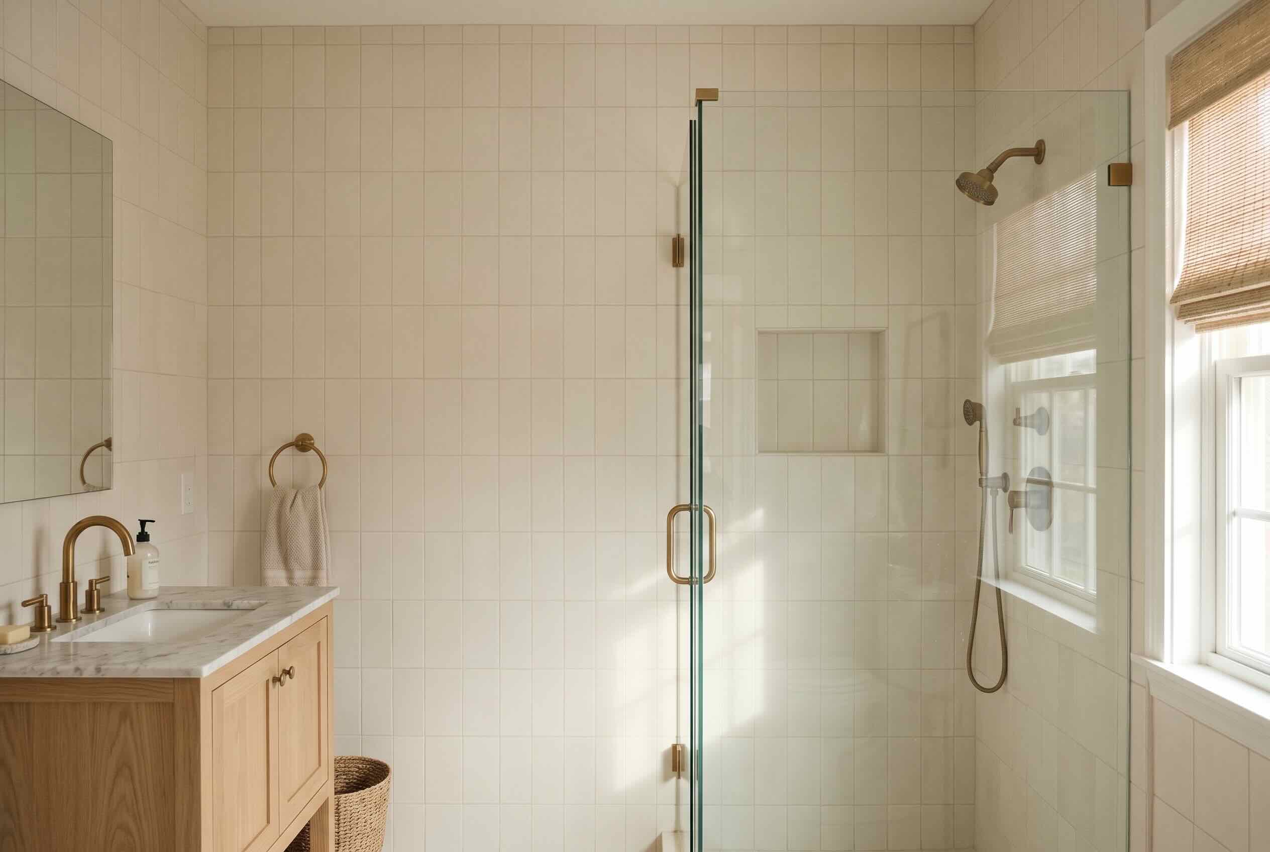 A bathroom shower enclosed by glass, with light tiles running vertically from floor to ceiling.