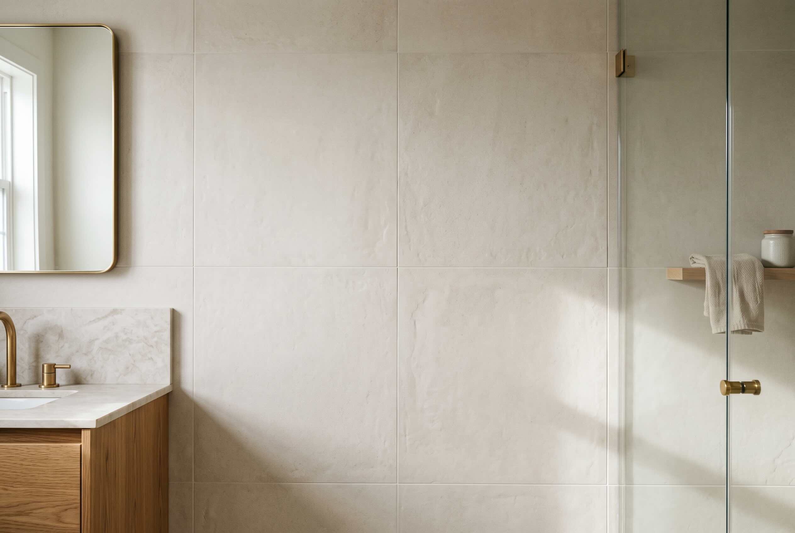 A bathroom vanity beside a wall clad in very large format, light-colored tiles leading to a shower.