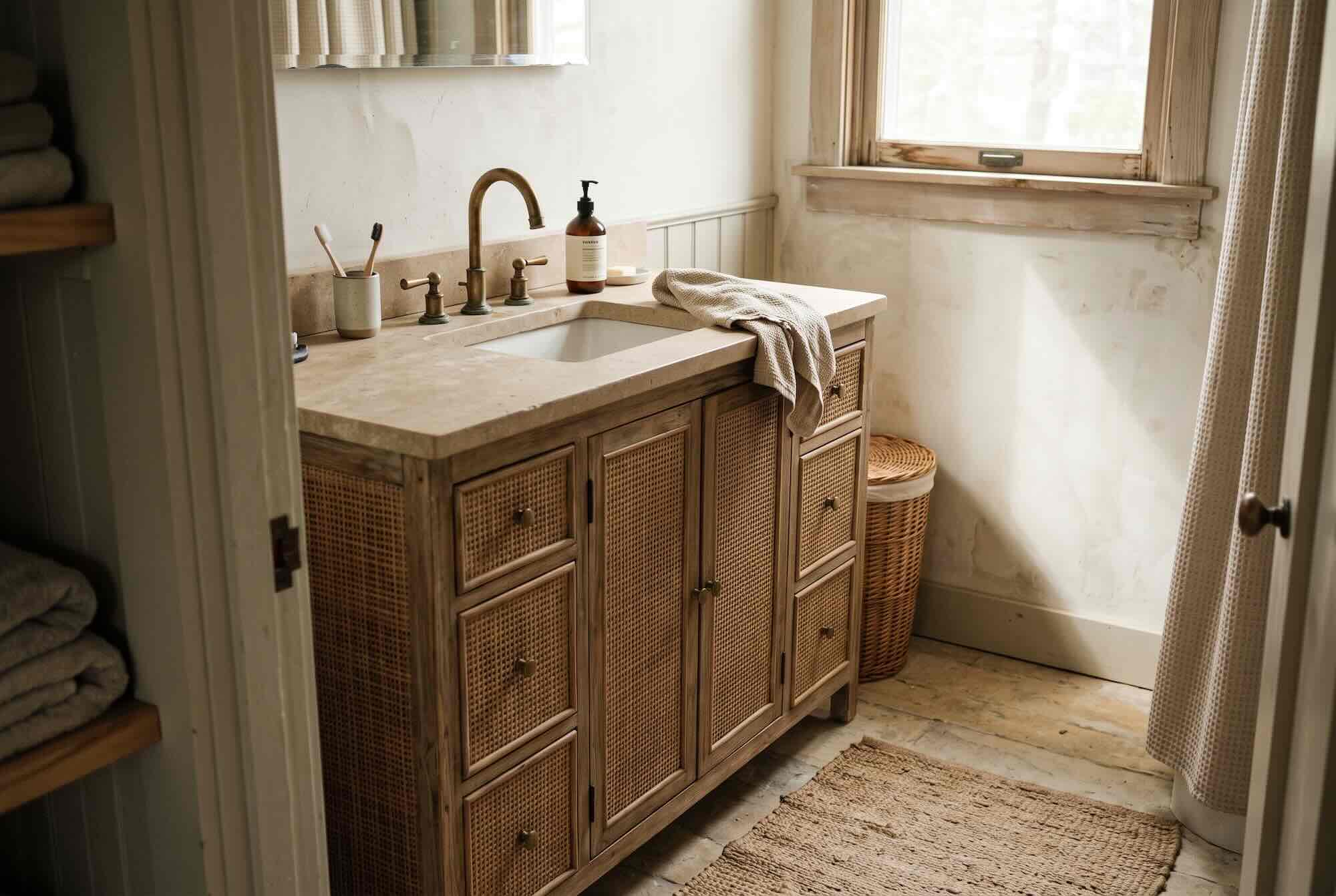 A bathroom vanity featuring rattan-front drawers and doors with brass fixtures.