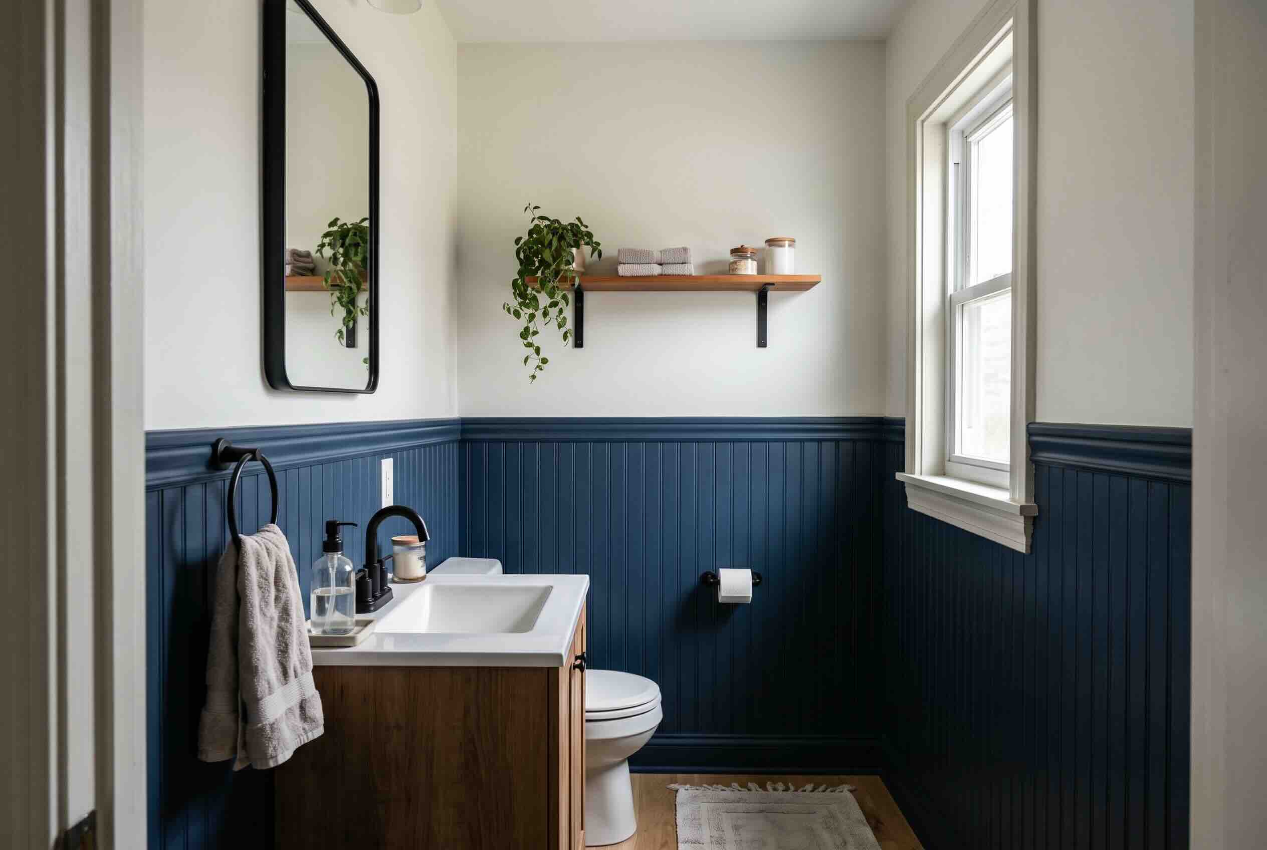 A bathroom with dark blue wainscoting on the lower half and white walls above.
