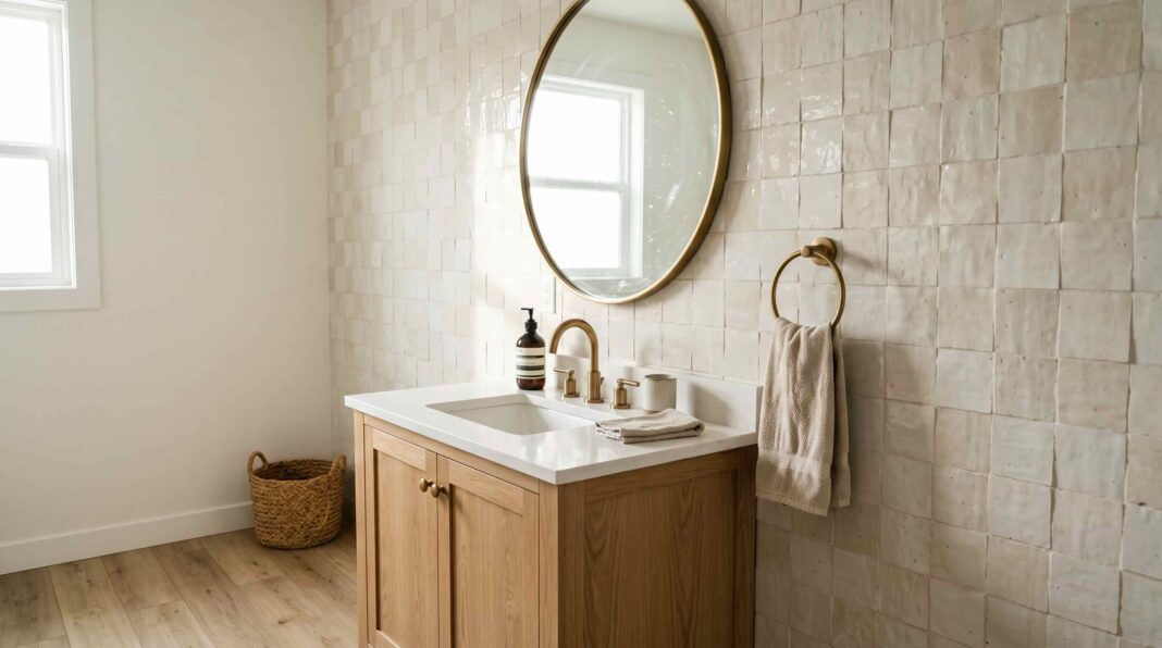 A bathroom with light, textured square tiles on one wall, a wooden vanity, and a round mirror.