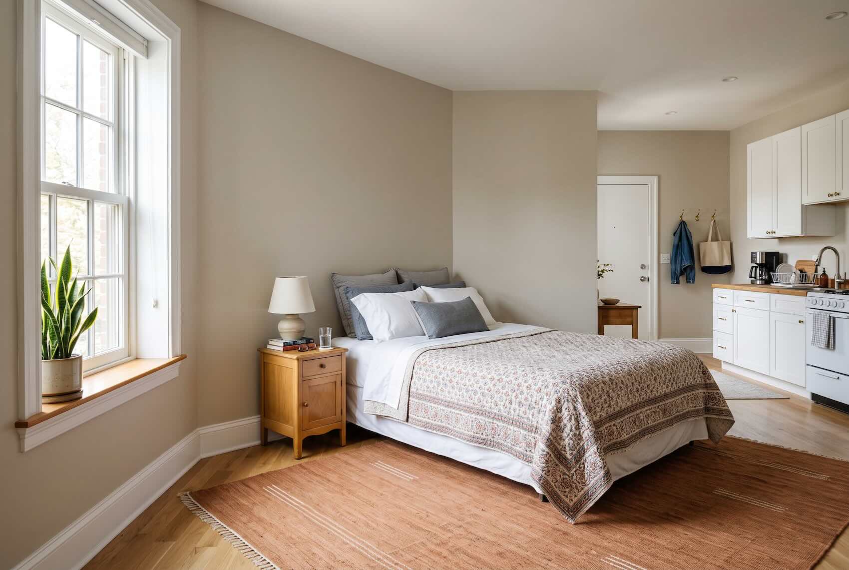 A bed placed against a wall and window in the corner of a studio apartment.