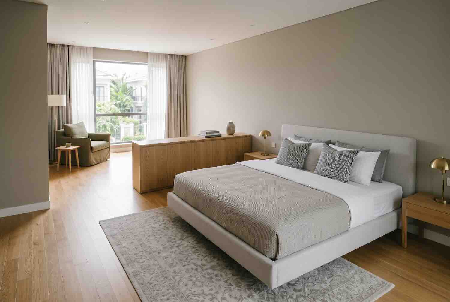 A bed positioned in the center of a room with a low console table acting as a divider.