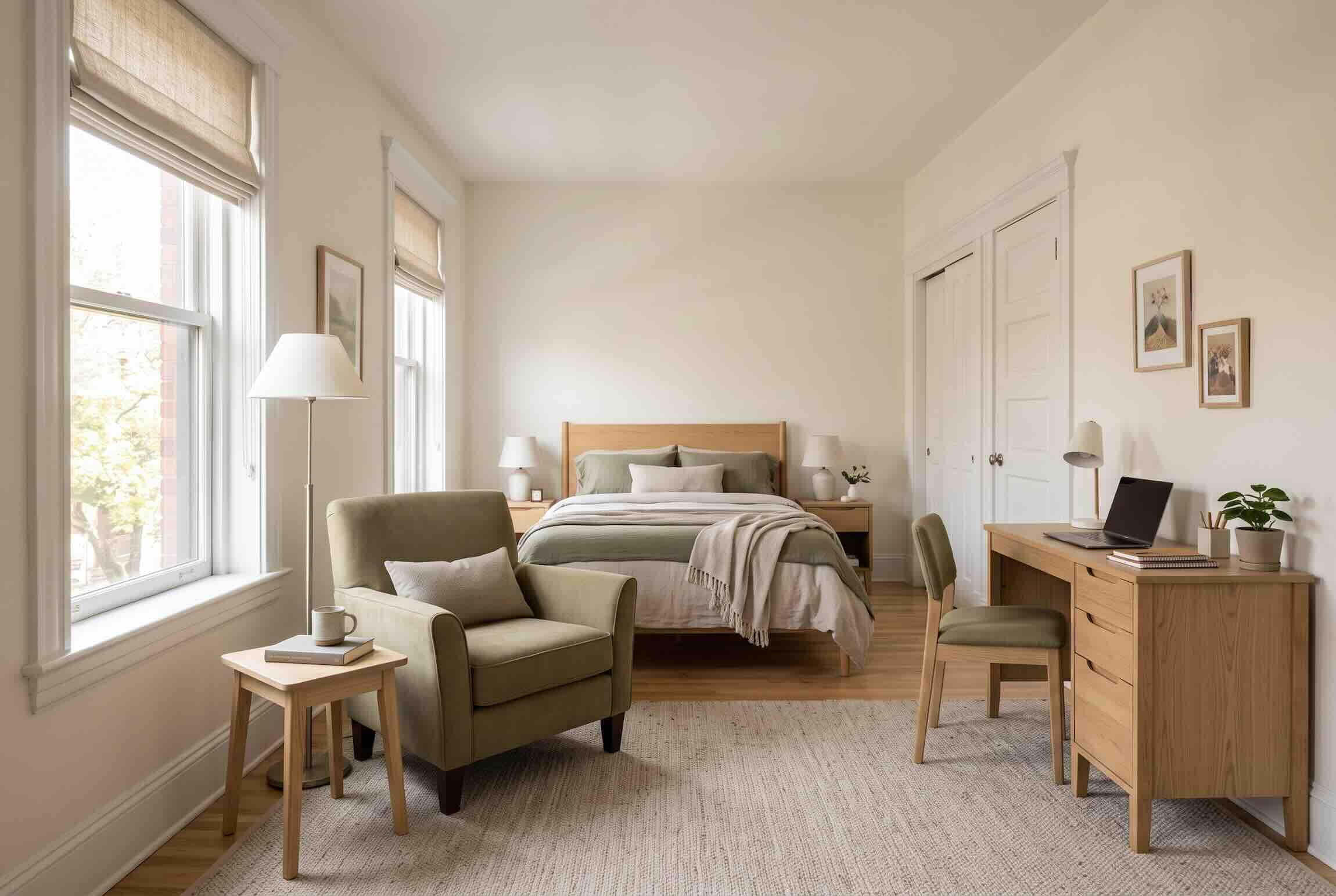 A bedroom layout combining a bed, a desk, and a reading chair.