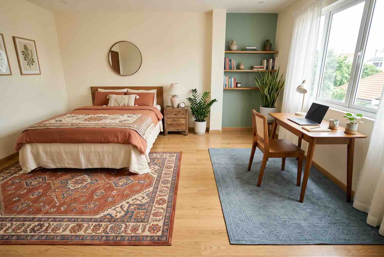 A bedroom zoned into two areas using a red patterned rug under the bed and a blue rug under the desk.