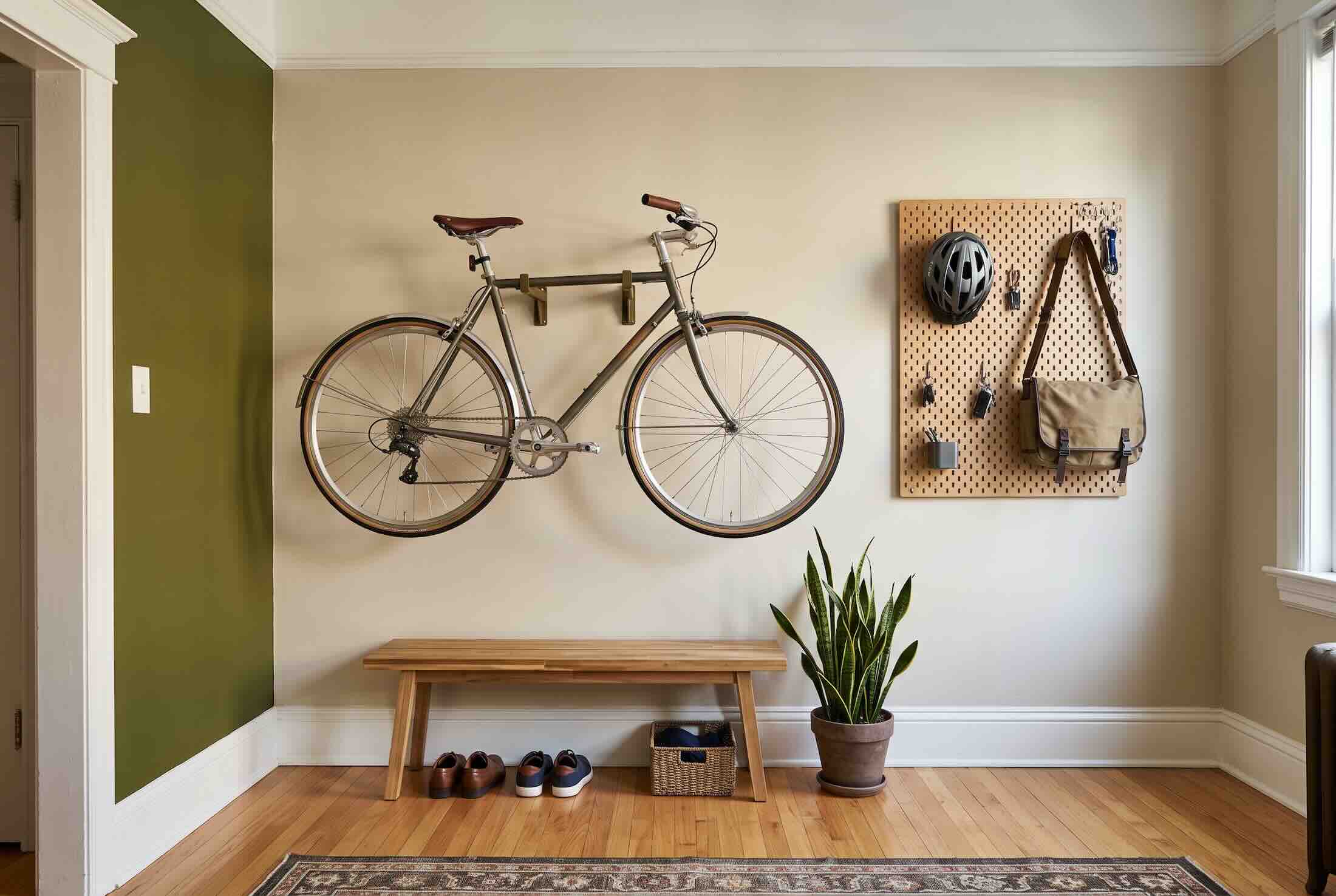 A bicycle and a wooden pegboard holding gear mounted on a wall above a wooden bench.