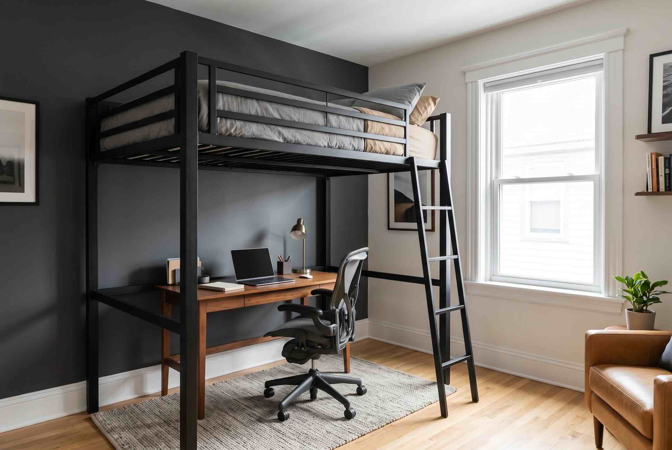 A black metal loft bed with a wooden desk and office chair set up underneath.
