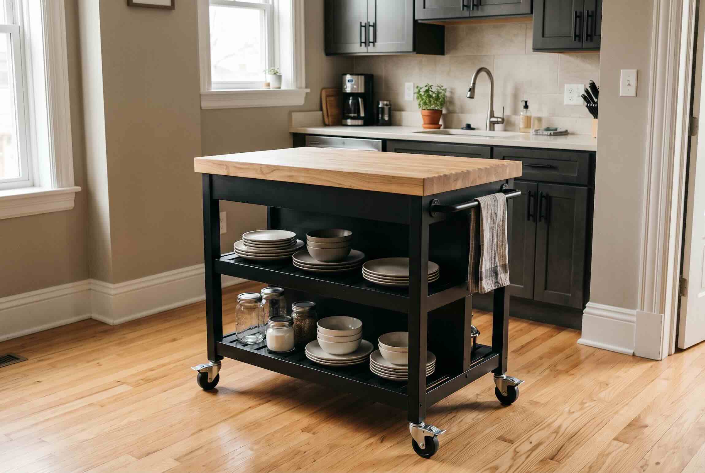 A black rolling kitchen island with a wooden top and shelves storing dishes and jars.