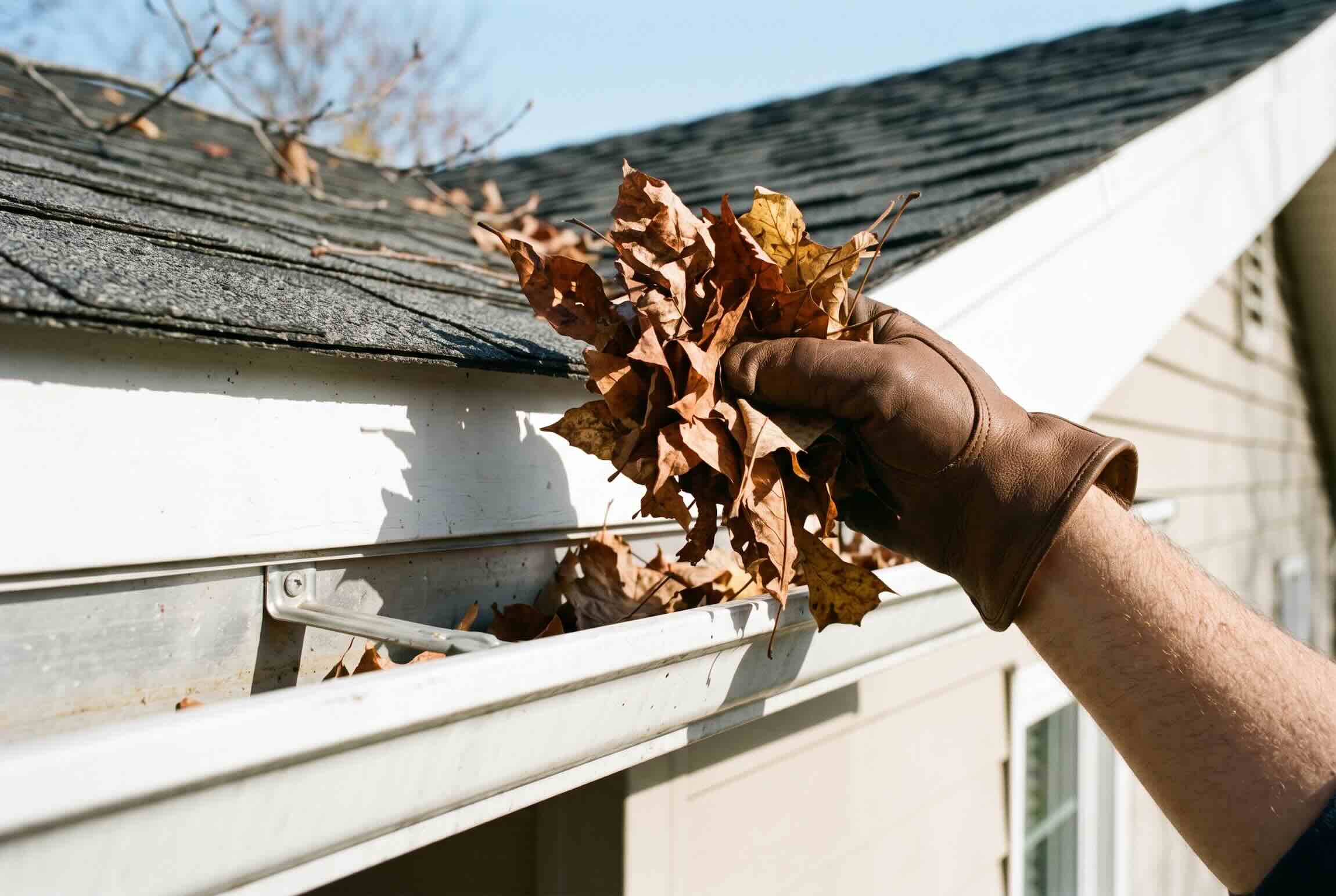 A brown leather work glove lifting a clump of dry autumn leaves from a white roof gutter.