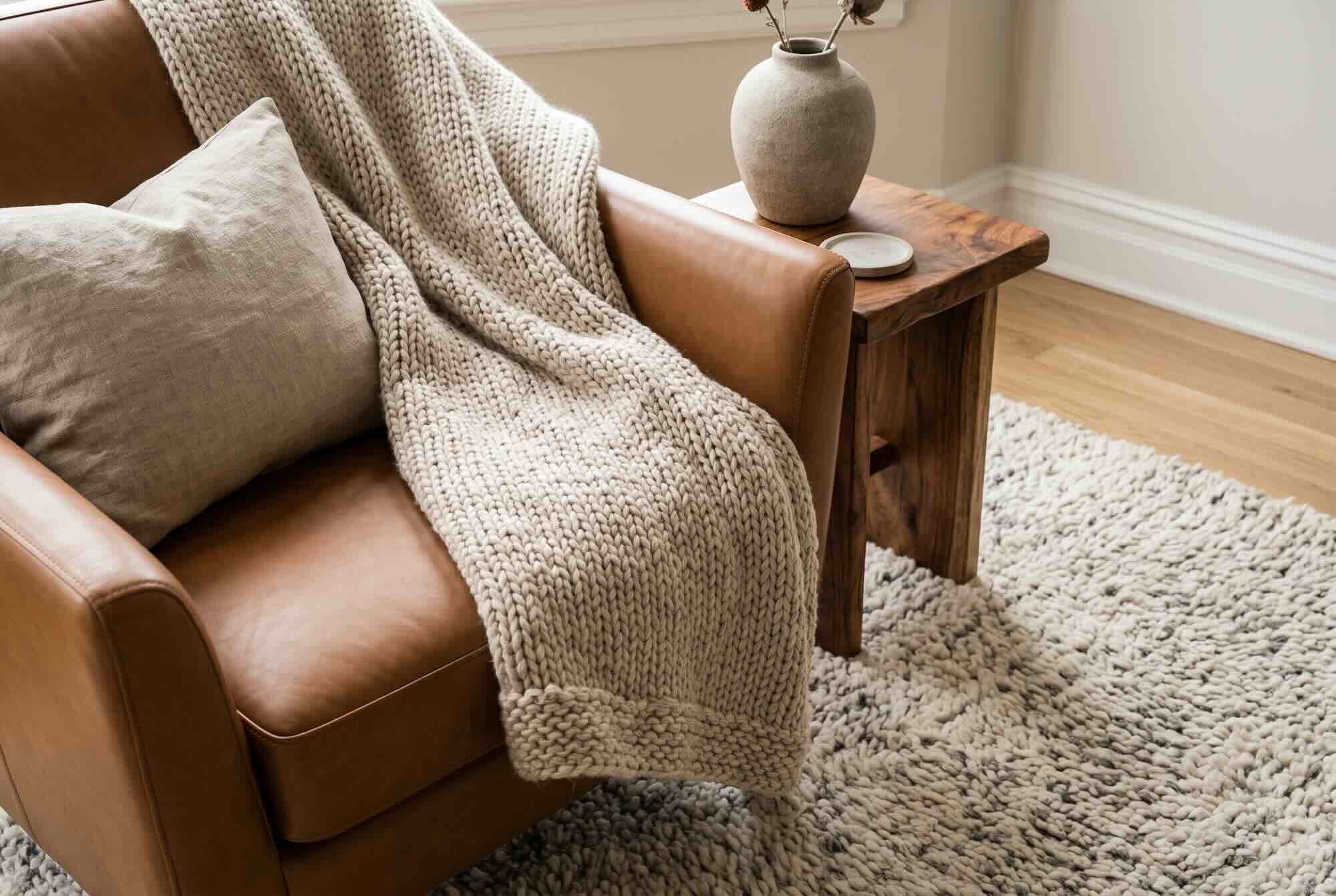 A chunky knit blanket draped over a brown leather armchair.