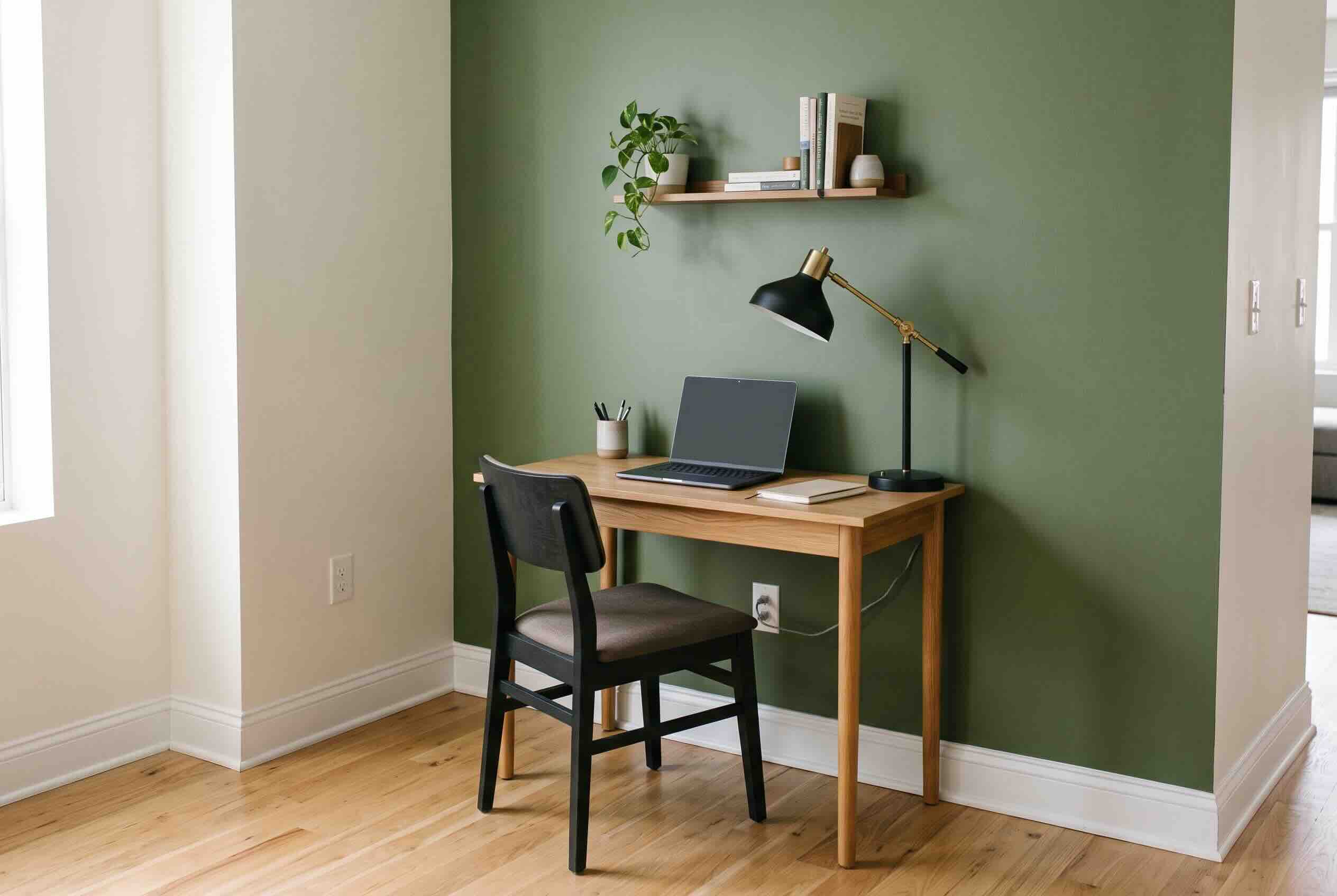 A compact work-from-home setup featuring a narrow desk and chair against a green wall.