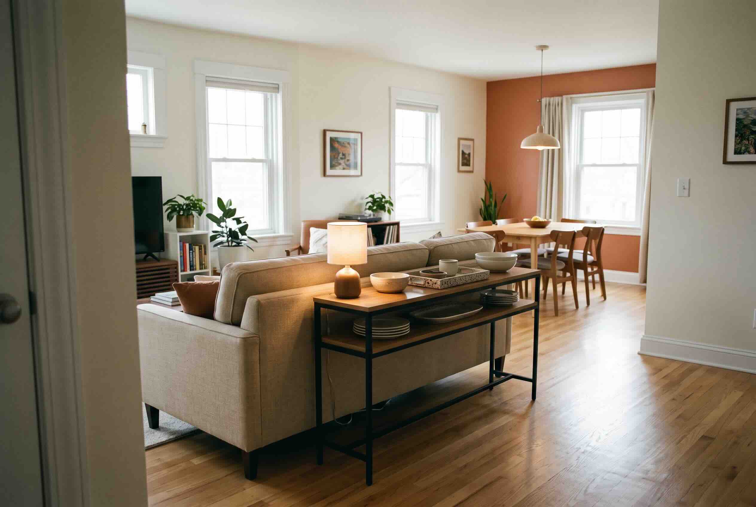 A console table holding a lamp and dishes placed behind a sofa to separate a living area from a dining room.