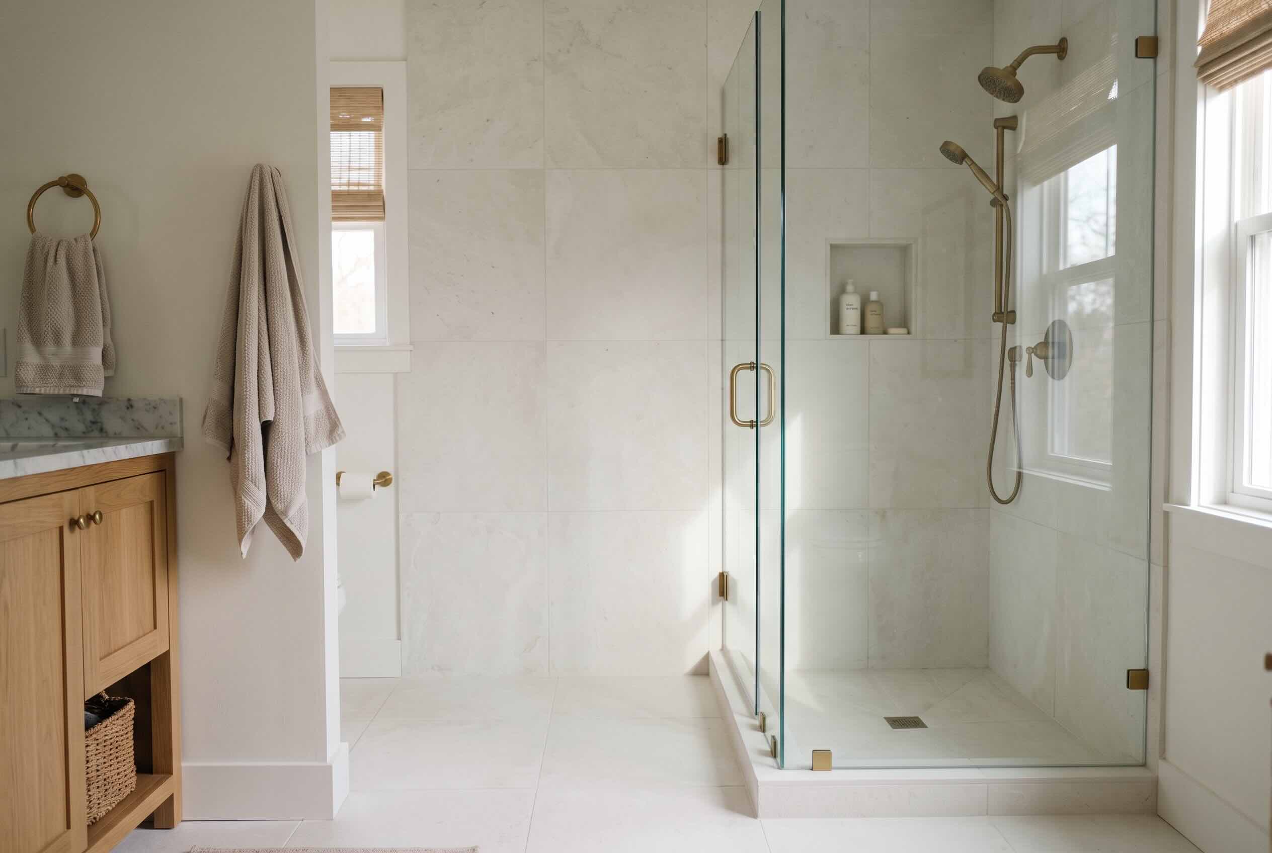 A continuous light floor tile extending from the bathroom floor directly into a glass-enclosed shower.