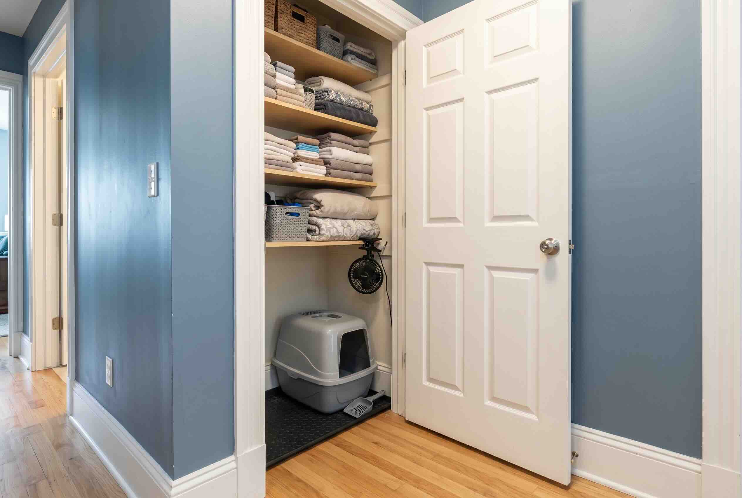 A covered litter box resting on a black mat inside an open hallway linen closet.