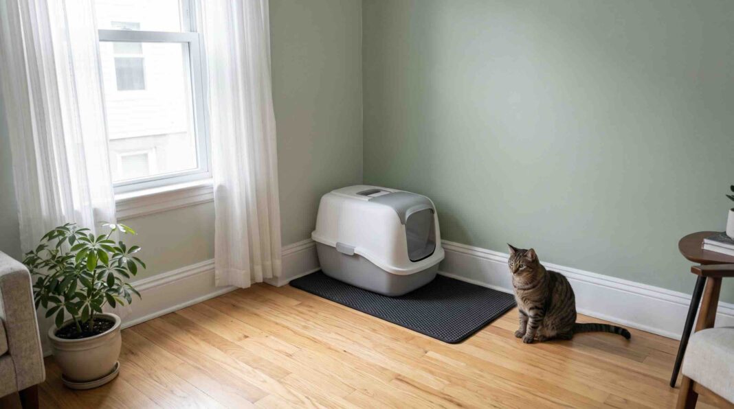 A covered litter box resting on a dark mat in a room corner beside a sitting tabby cat.
