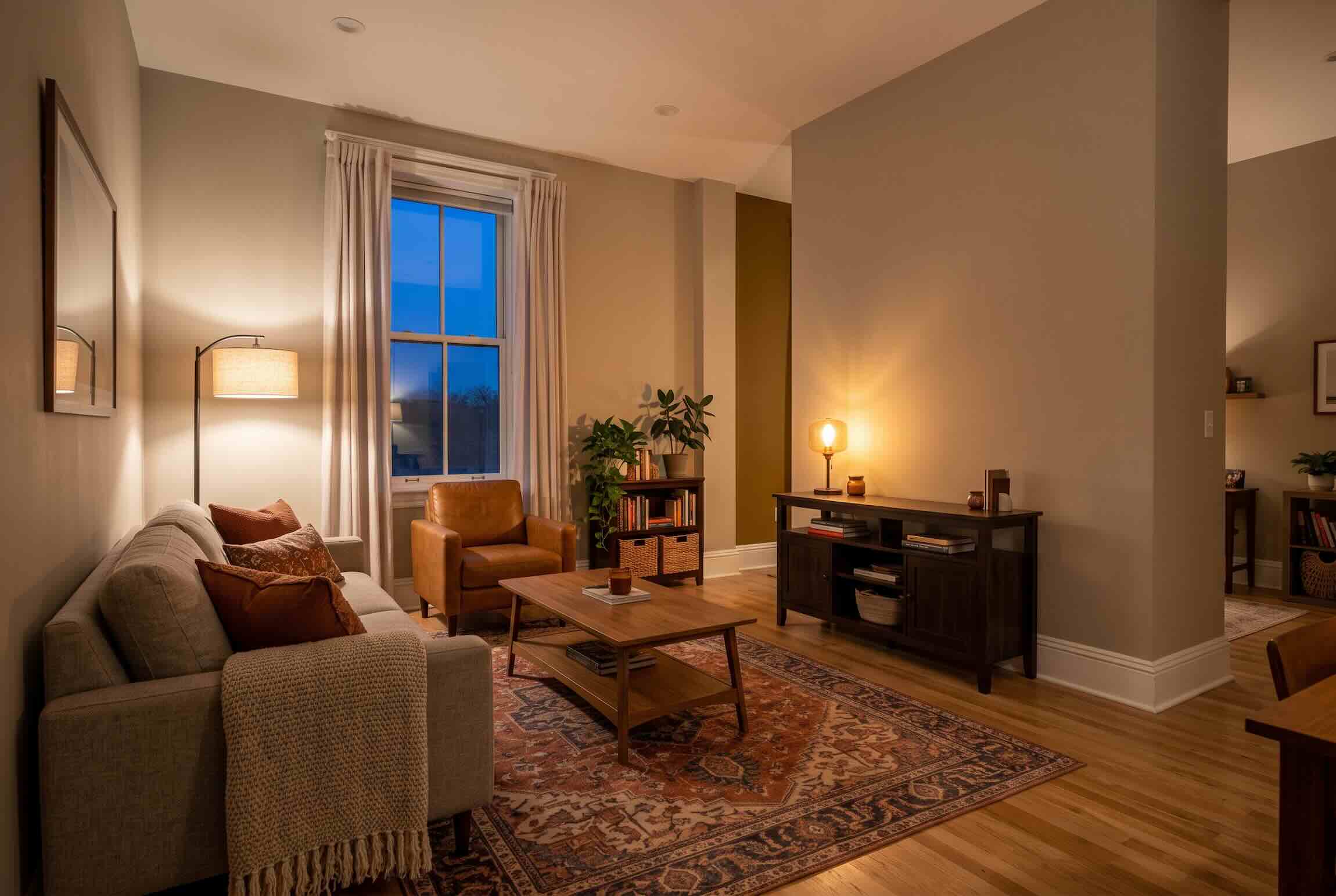 A cozy living area with a grey sofa and wooden coffee table illuminated by warm layered lighting.