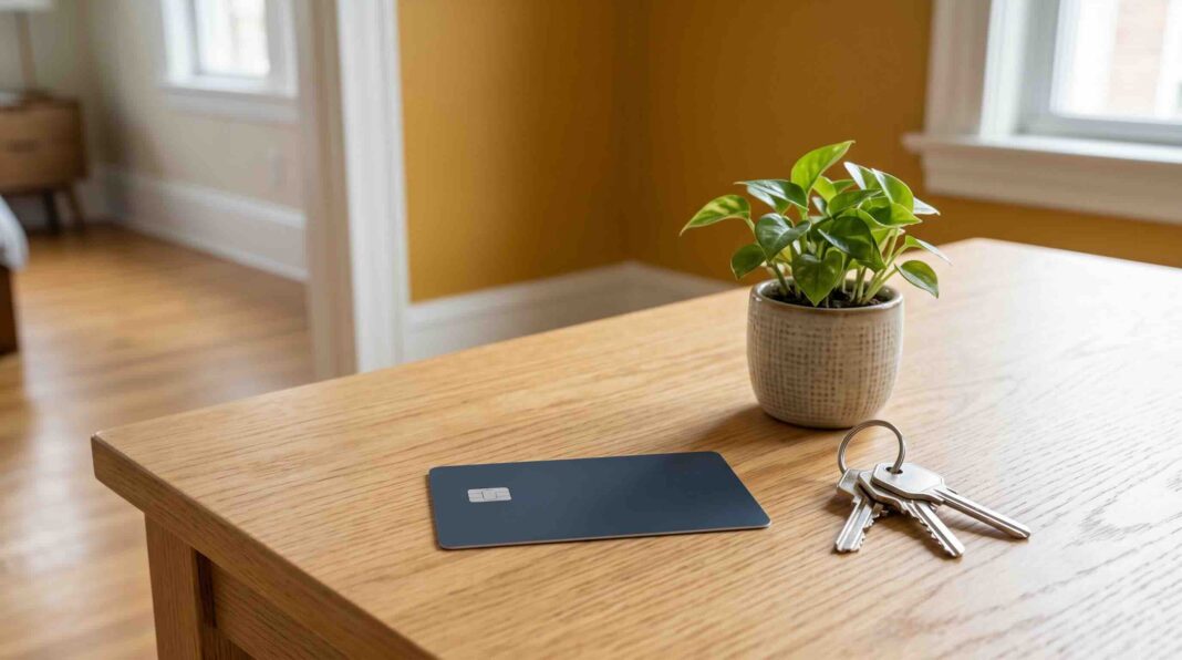 A dark blue credit card lying on a wooden table next to a set of house keys and a small potted plant.