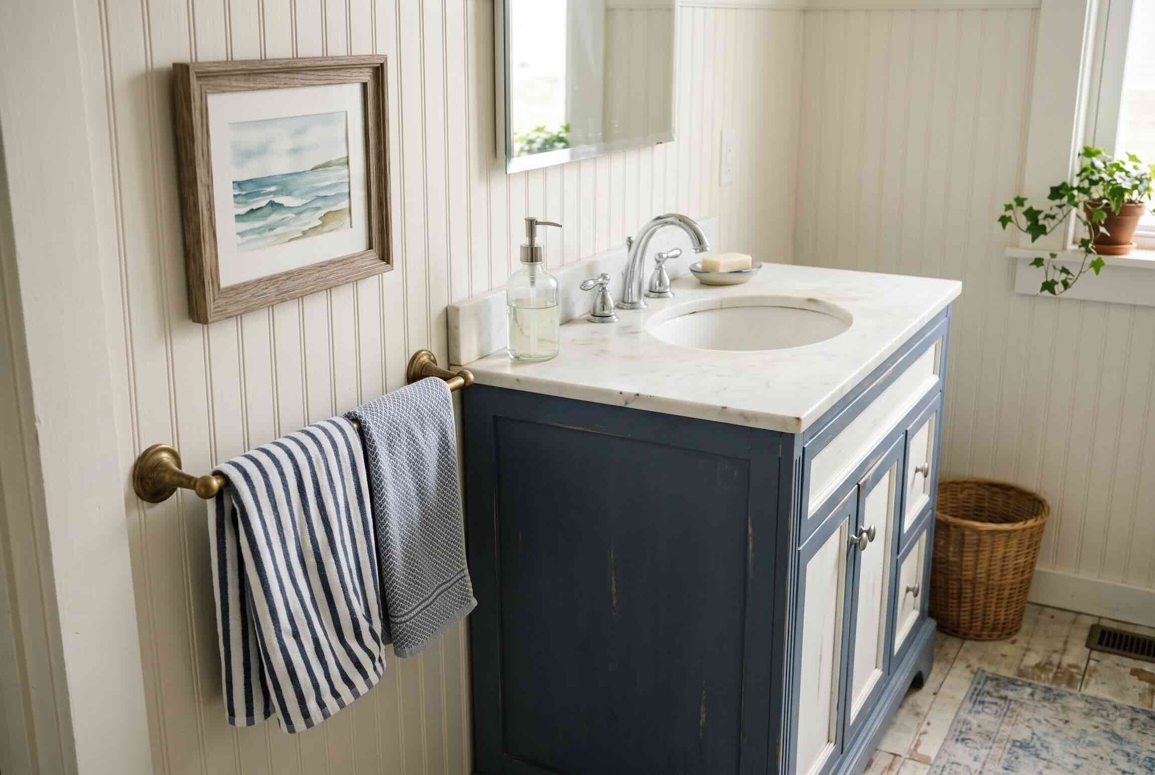A dark blue vanity with beadboard walls and striped towels.