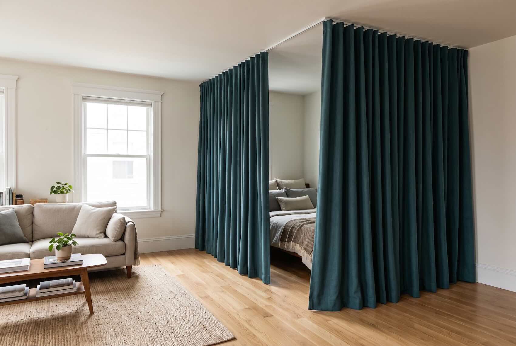A dark green ceiling-track curtain used to partition a bed from a living area.