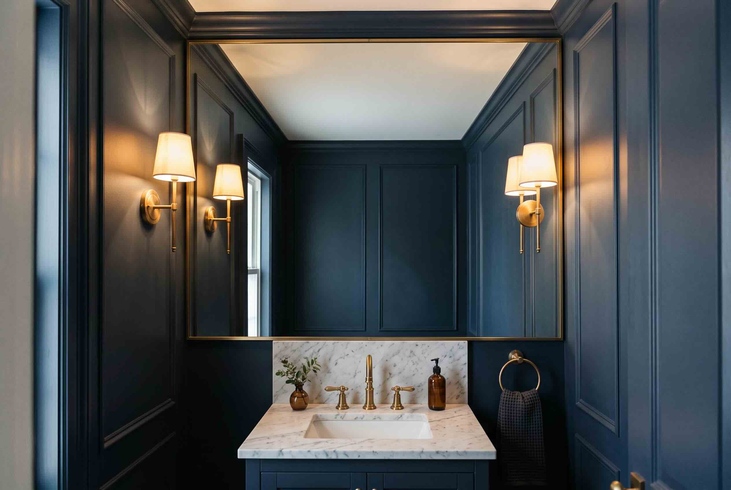 A dark navy powder room featuring an oversized, wall-to-wall mirror placed above the vanity.