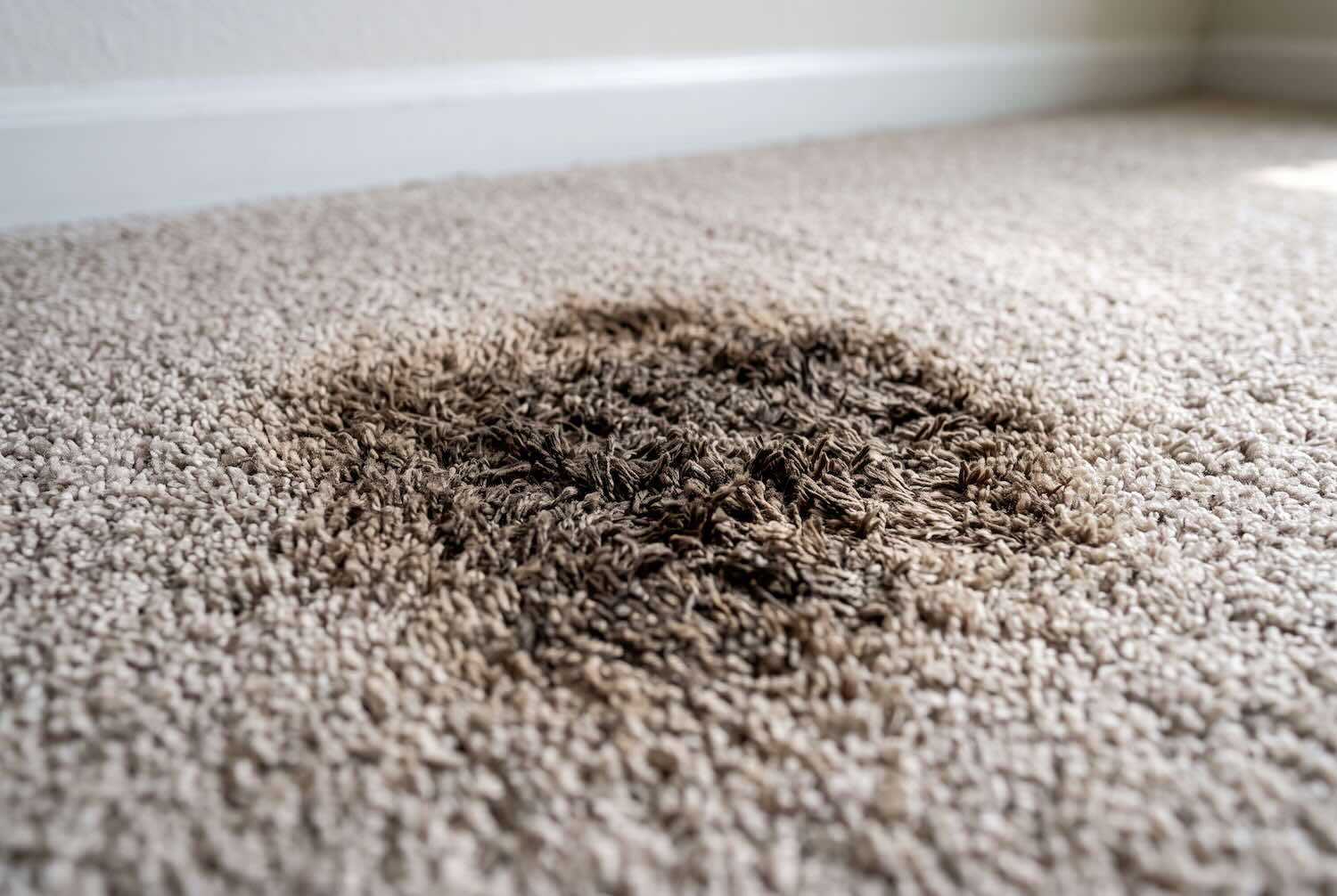A dark, set-in stain on a carpet that goes beyond normal wear and tear.