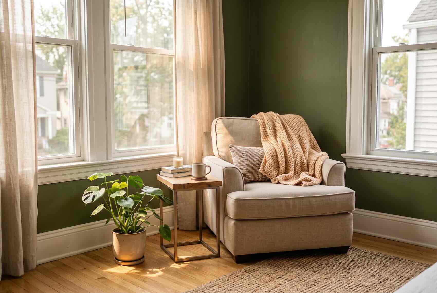 A dedicated reading corner featuring an armchair, blanket, small side table, and plant.