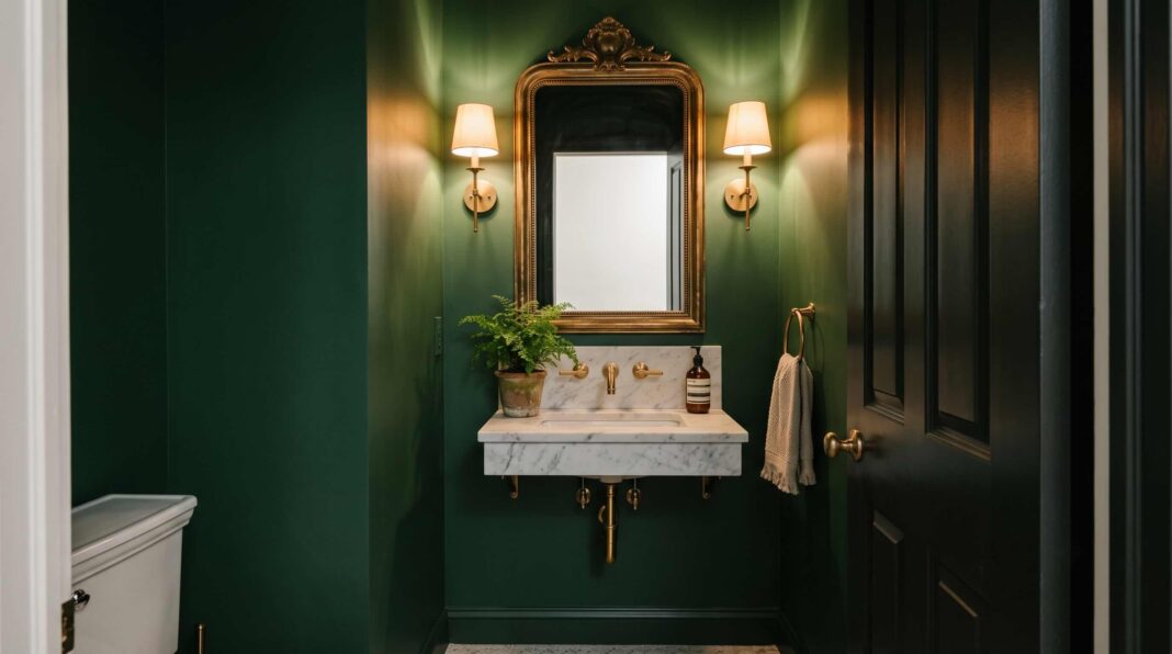 A deep forest green powder room featuring a wall-mounted marble sink, an ornate gold mirror, and warm sconces.