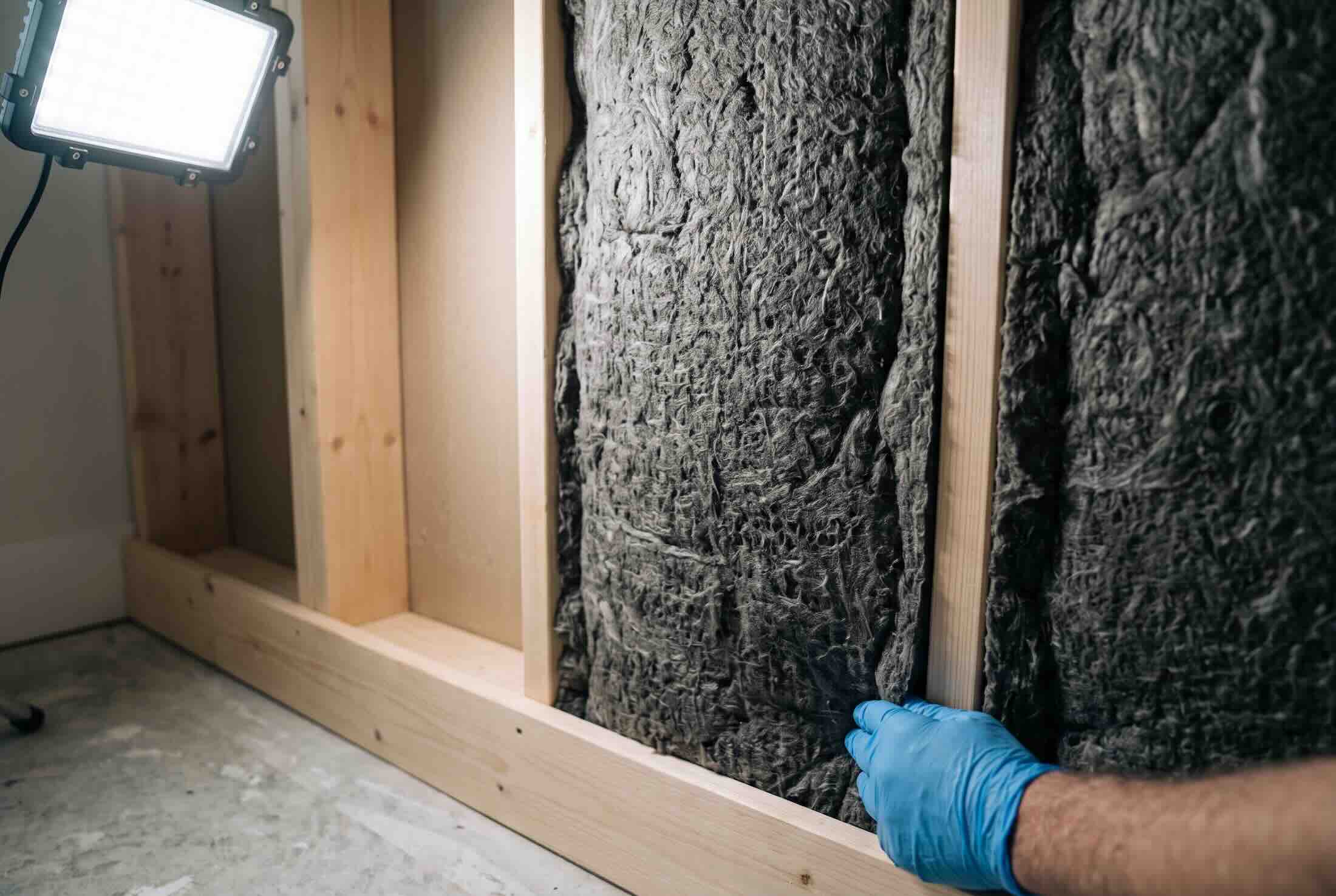 A dense, dark gray mineral wool insulation batt fitted snugly between two vertical wooden studs.